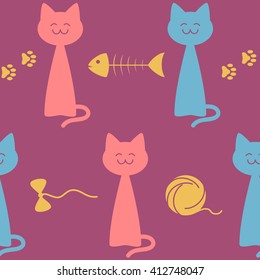 Seamless pattern with happy cats and some related items against dark pink background, vector illustration