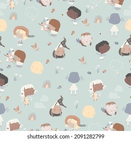 Seamless Pattern with Happy Children enjoying Spring