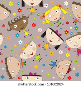 Seamless pattern with happy children and flowers