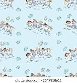 Seamless pattern with happy children holding hands and smiling together in a sunny day