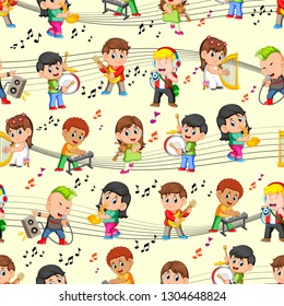 Seamless pattern with happy children playing music