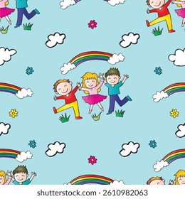  Seamless pattern with happy children and rainbow. Vector illustration.