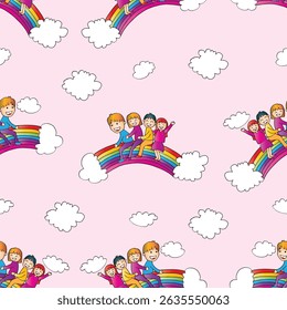 Seamless pattern with happy children and rainbow. Vector illustration.