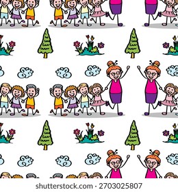 Nahtloses Muster mit glücklichen Kindern, Lehrer und Blumen. Vektorgrafik.