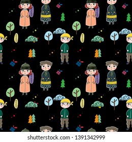 Seamless pattern, Happy children wearing winter clothes with trees.