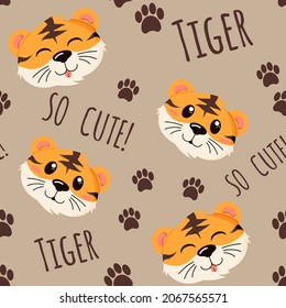 Seamless pattern with happy Chines tiger, asian new year, wild animal in a flat style isolated on a beige background. . Vector illustration