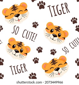 Seamless pattern with happy Chines tiger, asian new year, wild animal in a flat style isolated on a white background. . Vector illustration