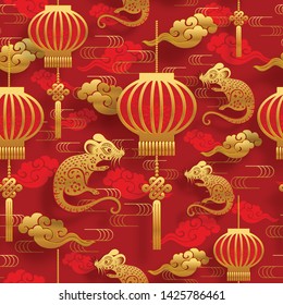 Seamless Pattern Happy chinese new year 2020 year of the rat zodiac sign,flower and asian elements with gold paper cut art craft style on red color Background for greetings card.