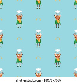 Seamless pattern for Happy Chinese new year 2021 - funny bulls. Vector illustration. Great for wrapping paper, textile, wrapping paper.