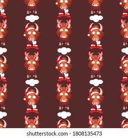Seamless pattern for Happy Chinese new year 2021 - funny bulls. Vector illustration. Great for wrapping paper, textile, wrapping paper.
