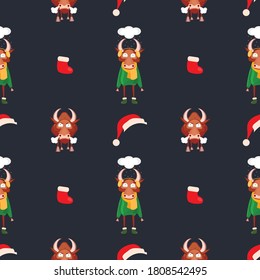 Seamless pattern for Happy Chinese new year 2021 - funny bulls. Vector illustration. Great for wrapping paper, textile, wrapping paper.