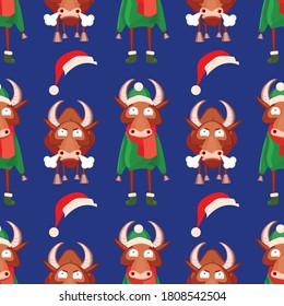 Seamless pattern for Happy Chinese new year 2021 - funny bulls. Vector illustration. Great for wrapping paper, textile, wrapping paper.