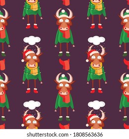 Seamless pattern for Happy Chinese new year 2021 - funny bulls. Vector illustration. Great for wrapping paper, textile, wrapping paper.