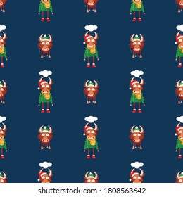 Seamless pattern for Happy Chinese new year 2021 - funny bulls. Vector illustration. Great for wrapping paper, textile, wrapping paper.