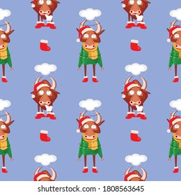 Seamless pattern for Happy Chinese new year 2021 - funny bulls. Vector illustration. Great for wrapping paper, textile, wrapping paper.