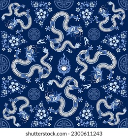 Seamless pattern happy chinese new year 2024 the dragon zodiac sign with asian elements paper cut style on color background. ( Translation : happy new year 2024 year of the dragon )