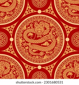 Seamless pattern happy chinese new year 2024 the dragon zodiac sign with asian elements paper cut style on color background. ( Translation : happy new year 2024 year of the dragon )