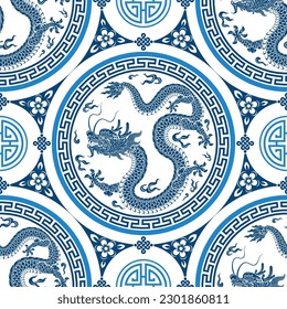 Seamless pattern happy chinese new year 2024 the dragon zodiac sign with asian elements paper cut style on color background. ( Translation : happy new year 2024 year of the dragon )