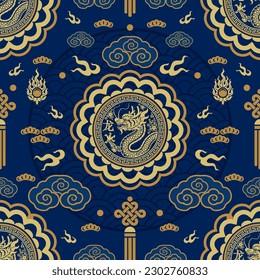 Seamless pattern happy chinese new year 2024 the dragon zodiac sign with asian elements paper cut style on color background. ( Translation : happy new year 2024 year of the dragon )