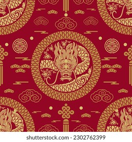 Seamless pattern happy chinese new year 2024 the dragon zodiac sign with asian elements paper cut style on color background. ( Translation : happy new year 2024 year of the dragon )