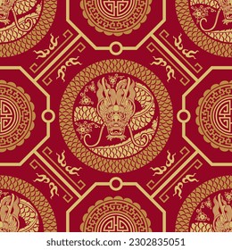 Seamless pattern happy chinese new year 2024 the dragon zodiac sign with asian elements paper cut style on color background. ( Translation : happy new year 2024 year of the dragon )