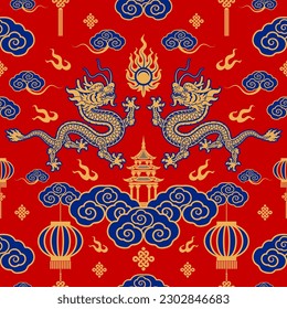 Seamless pattern happy chinese new year 2024 the dragon zodiac sign with asian elements paper cut style on color background. ( Translation : happy new year 2024 year of the dragon )