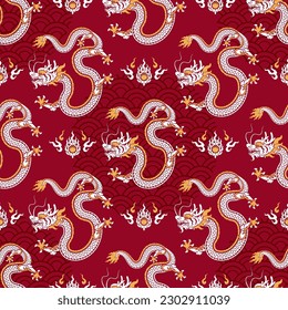 Seamless pattern happy chinese new year 2024 the dragon zodiac sign with asian elements paper cut style on color background. ( Translation : happy new year 2024 year of the dragon )