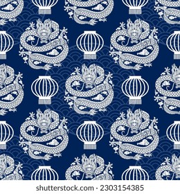 Seamless pattern happy chinese new year 2024 the dragon zodiac sign with asian elements paper cut style on color background. ( Translation : happy new year 2024 year of the dragon )