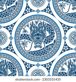 Seamless pattern happy chinese new year 2024 the dragon zodiac sign with asian elements paper cut style on color background. ( Translation : happy new year 2024 year of the dragon )