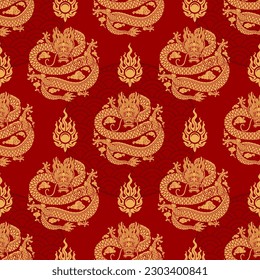 Seamless pattern happy chinese new year 2024 the dragon zodiac sign with asian elements paper cut style on color background. ( Translation : happy new year 2024 year of the dragon )