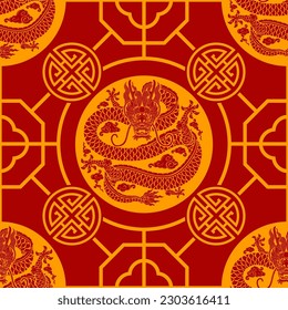 Seamless pattern happy chinese new year 2024 the dragon zodiac sign with asian elements paper cut style on color background. ( Translation : happy new year 2024 year of the dragon )