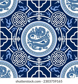 Seamless pattern happy chinese new year 2024 the dragon zodiac sign with asian elements paper cut style on color background. ( Translation : happy new year 2024 year of the dragon )