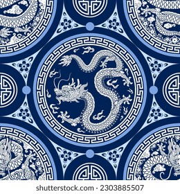 Seamless pattern happy chinese new year 2024 the dragon zodiac sign with asian elements paper cut style on color background. ( Translation : happy new year 2024 year of the dragon )