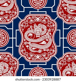 Seamless pattern happy chinese new year 2024 the dragon zodiac sign with asian elements paper cut style on color background. ( Translation : happy new year 2024 year of the dragon )