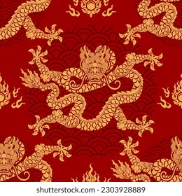 Seamless pattern happy chinese new year 2024 the dragon zodiac sign with asian elements paper cut style on color background. ( Translation : happy new year 2024 year of the dragon )