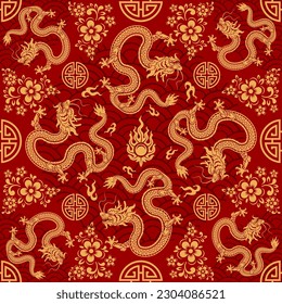 Seamless pattern happy chinese new year 2024 the dragon zodiac sign with asian elements paper cut style on color background. ( Translation : happy new year 2024 year of the dragon )