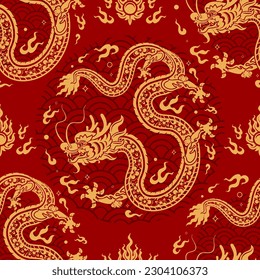 Seamless pattern happy chinese new year 2024 the dragon zodiac sign with asian elements paper cut style on color background. ( Translation : happy new year 2024 year of the dragon )