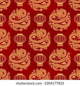 Seamless pattern happy chinese new year 2024 the dragon zodiac sign with asian elements paper cut style on color background. ( Translation : happy new year 2024 year of the dragon )