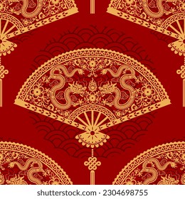 Seamless pattern happy chinese new year 2024 the dragon zodiac sign with asian elements paper cut style on color background. ( Translation : happy new year 2024 year of the dragon )