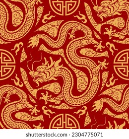 Seamless pattern happy chinese new year 2024 the dragon zodiac sign with asian elements paper cut style on color background. ( Translation : happy new year 2024 year of the dragon )