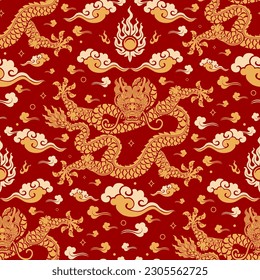 Seamless pattern happy chinese new year 2024 the dragon zodiac sign with asian elements paper cut style on color background. ( Translation : happy new year 2024 year of the dragon )