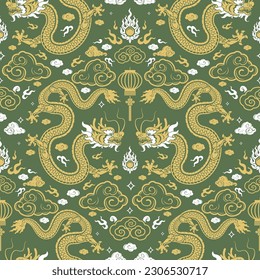 Seamless pattern happy chinese new year 2024 the dragon zodiac sign with asian elements paper cut style on color background. ( Translation : happy new year 2024 year of the dragon )