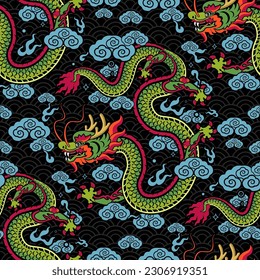 Seamless pattern happy chinese new year 2024 the dragon zodiac sign with asian elements paper cut style on color background. ( Translation : happy new year 2024 year of the dragon )