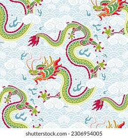 Seamless pattern happy chinese new year 2024 the dragon zodiac sign with asian elements paper cut style on color background. ( Translation : happy new year 2024 year of the dragon )