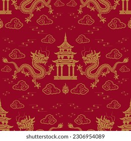 Seamless pattern happy chinese new year 2024 the dragon zodiac sign with asian elements paper cut style on color background. ( Translation : happy new year 2024 year of the dragon )