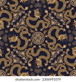 Seamless pattern happy chinese new year 2024 the dragon zodiac sign with asian elements paper cut style on color background. ( Translation : happy new year 2024 year of the dragon )