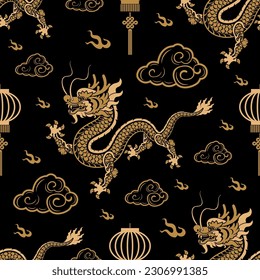 Seamless pattern happy chinese new year 2024 the dragon zodiac sign with asian elements paper cut style on color background. ( Translation : happy new year 2024 year of the dragon )