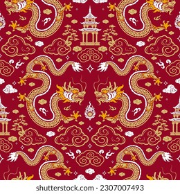 Seamless pattern happy chinese new year 2024 the dragon zodiac sign with asian elements paper cut style on color background. ( Translation : happy new year 2024 year of the dragon )