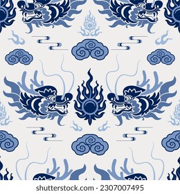 Seamless pattern happy chinese new year 2024 the dragon zodiac sign with asian elements paper cut style on color background. ( Translation : happy new year 2024 year of the dragon )