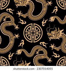 Seamless pattern happy chinese new year 2024 the dragon zodiac sign with asian elements paper cut style on color background. ( Translation : happy new year 2024 year of the dragon )